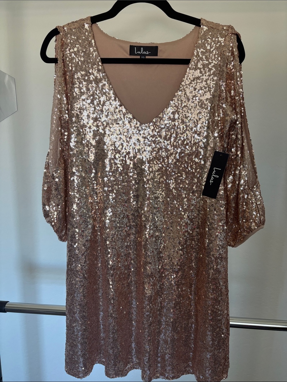 Lulu's Rose Gold Sequin V-Neck Mini Dress with Half Sleeves